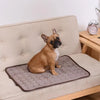 A fawn-colored French Bulldog sits on a gray cooling pet mat on a beige sofa.