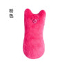 A bright pink plush catnip chew toy with a rounded body and visible teeth.