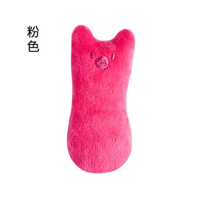 A bright pink plush catnip chew toy with a rounded body and visible teeth.