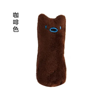 A dark brown plush catnip chew toy with blue eyes.