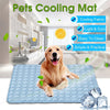 A golden retriever dog lying on a blue cooling mat in a bright room, with features highlighting cooling fabric and ease of cl
