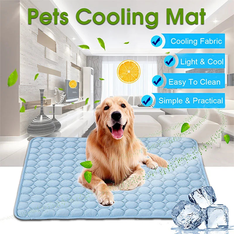 A golden retriever dog lying on a blue cooling mat in a bright room, with features highlighting cooling fabric and ease of cl