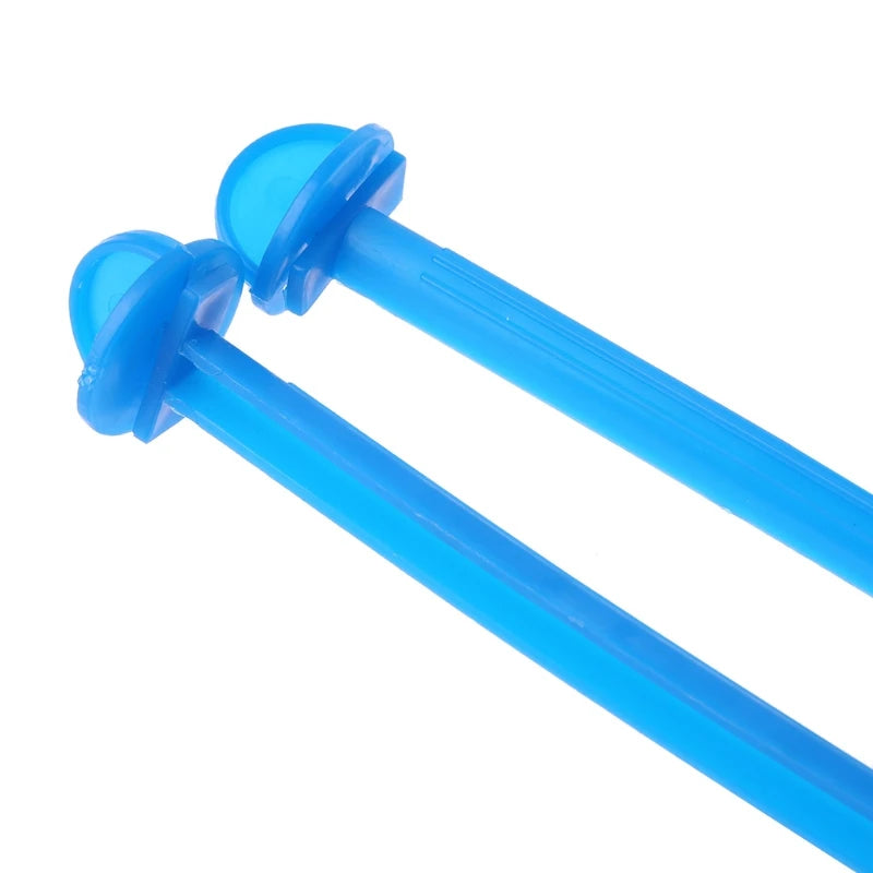 A set of five blue plastic bird perch stands for an aviary.