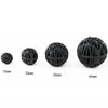 A set of black aquarium bio balls with diameters ranging from 16mm to 46mm.