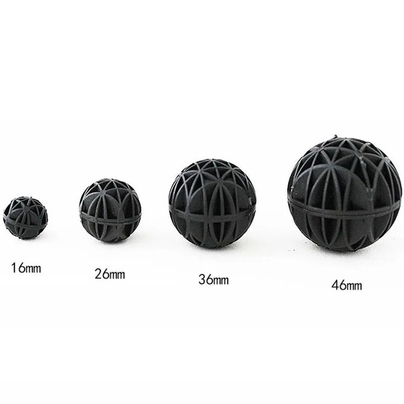 A set of black aquarium bio balls with diameters ranging from 16mm to 46mm.