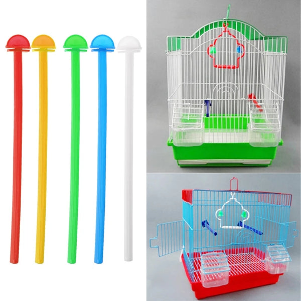 A set of five plastic bird perch stands in red, yellow, green, blue, and white colors.