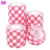 Rolls of pink checkered printed self-adhesive elastic bandage tape