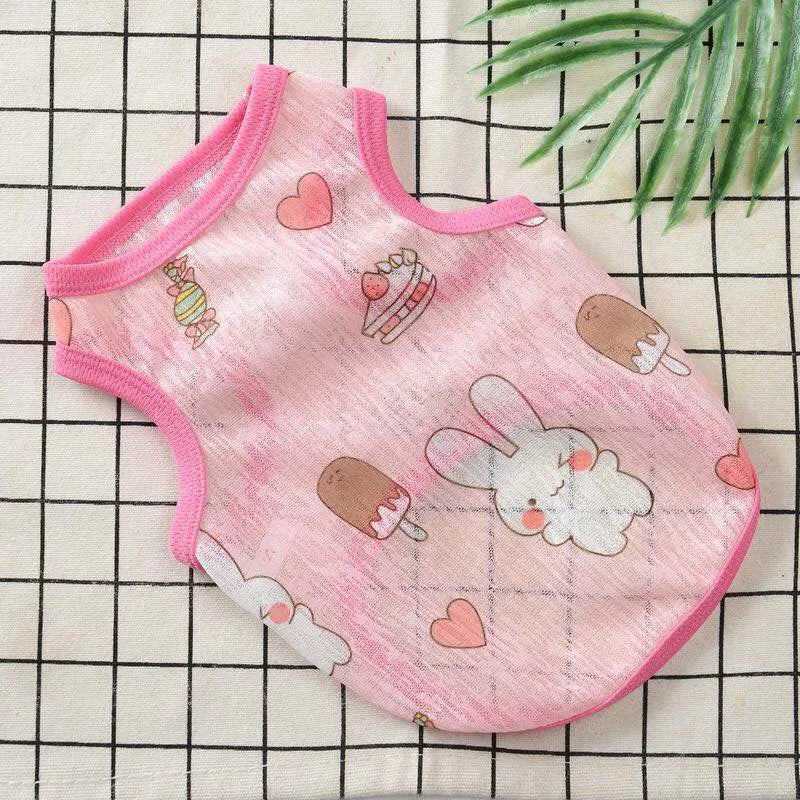 Pink breathable summer mesh vest for small dogs and cats with heart and cake patterns