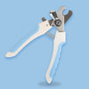 A pair of stainless steel pet nail clippers with light blue handles and a silver scissor-like blade.
