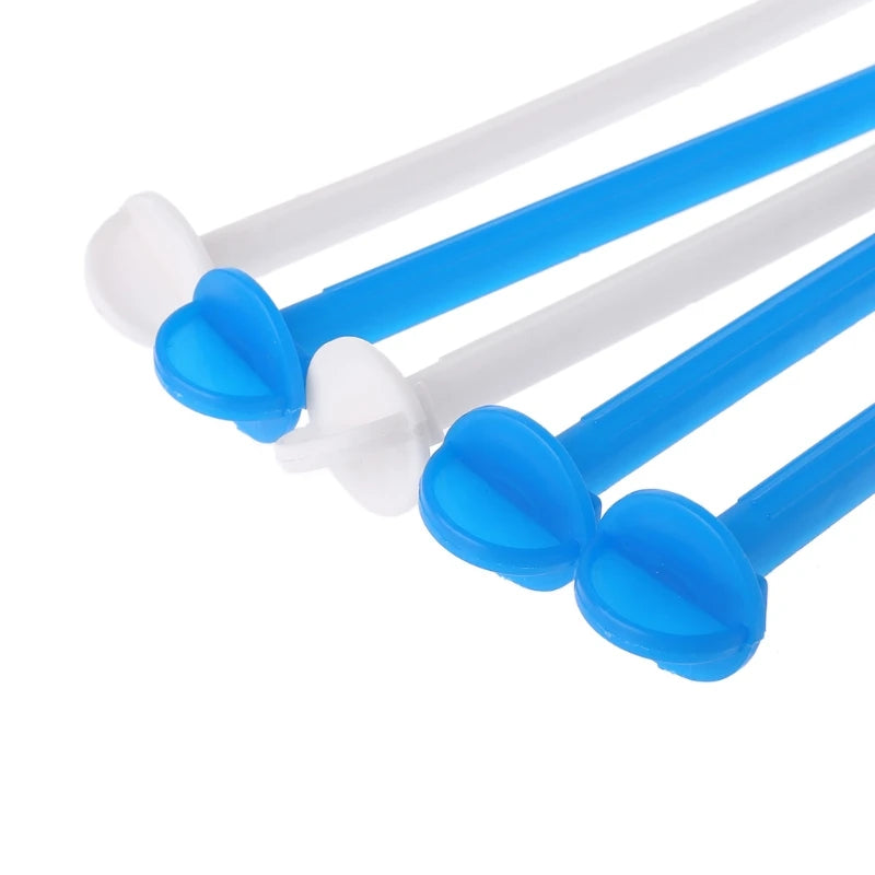 A set of five plastic bird perch stands in white and blue colors.