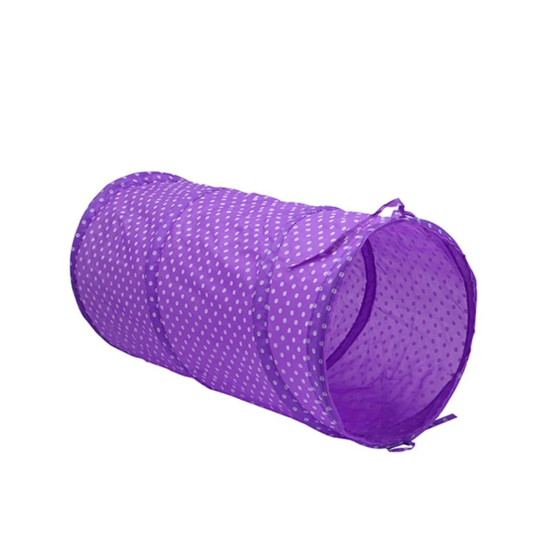 Purple collapsible cat tunnel play tube with a ball