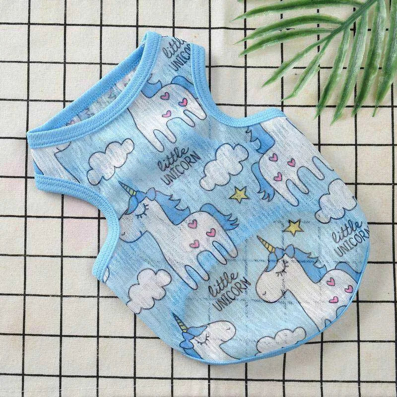 Light blue breathable mesh vest for small dogs or cats featuring a white unicorn design
