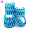 Three rolls of blue and black patterned printed self-adhesive elastic bandage tape.