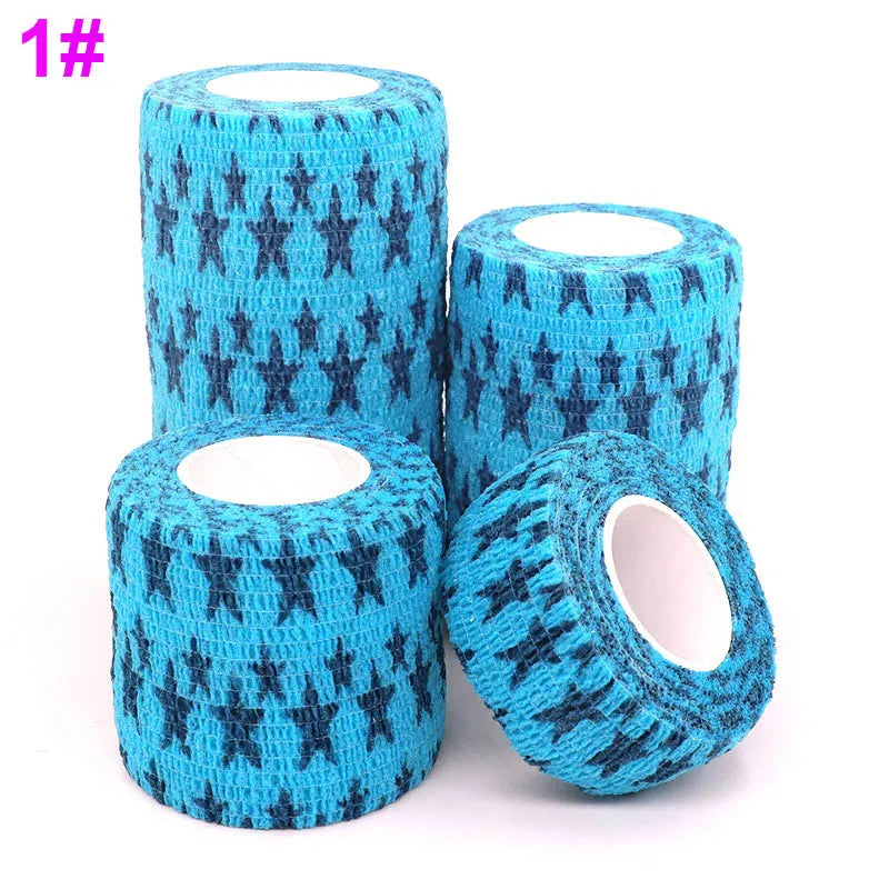 Three rolls of blue and black patterned printed self-adhesive elastic bandage tape.