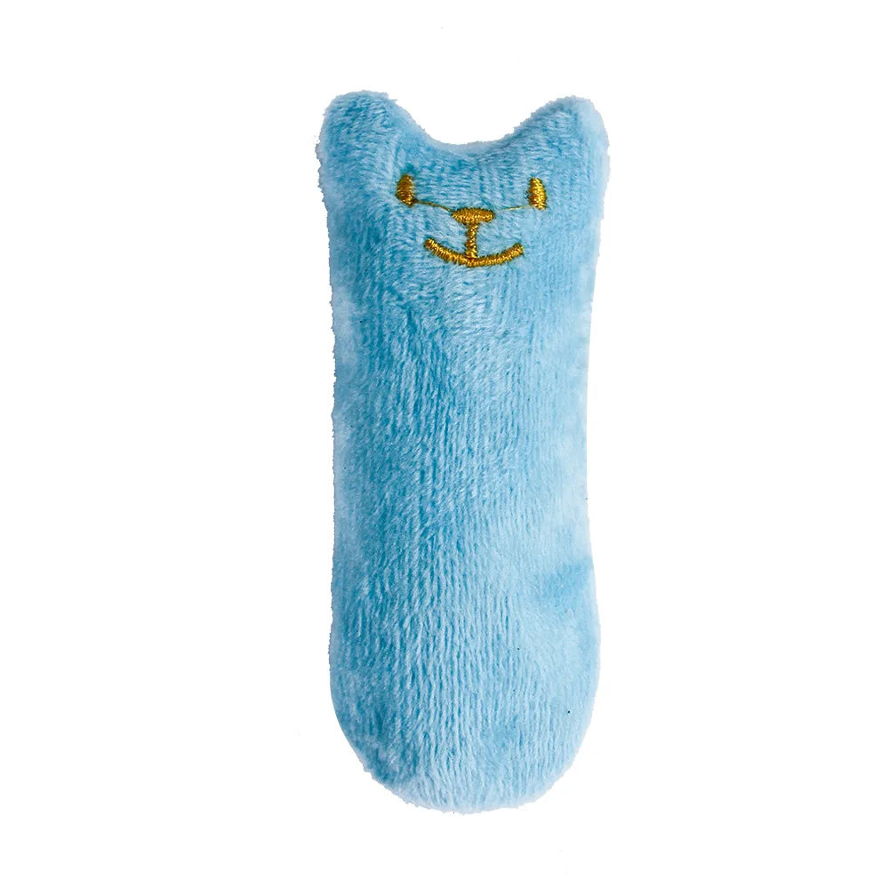 Light blue catnip chew toy plush with a golden fish-shaped kicker