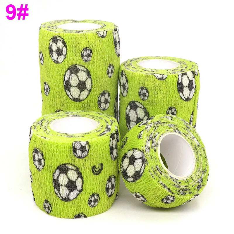 Rolls of bright lime green printed self-adhesive elastic bandage tape for medical or sports use