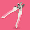 A pair of pink-handled stainless steel pet nail clippers for dogs and cats against a pink background.