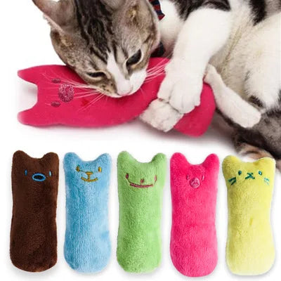 A collection of colorful catnip chew toys shaped like paws and teeth for cats.