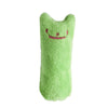 A bright green plush catnip chew toy with a smiling face.