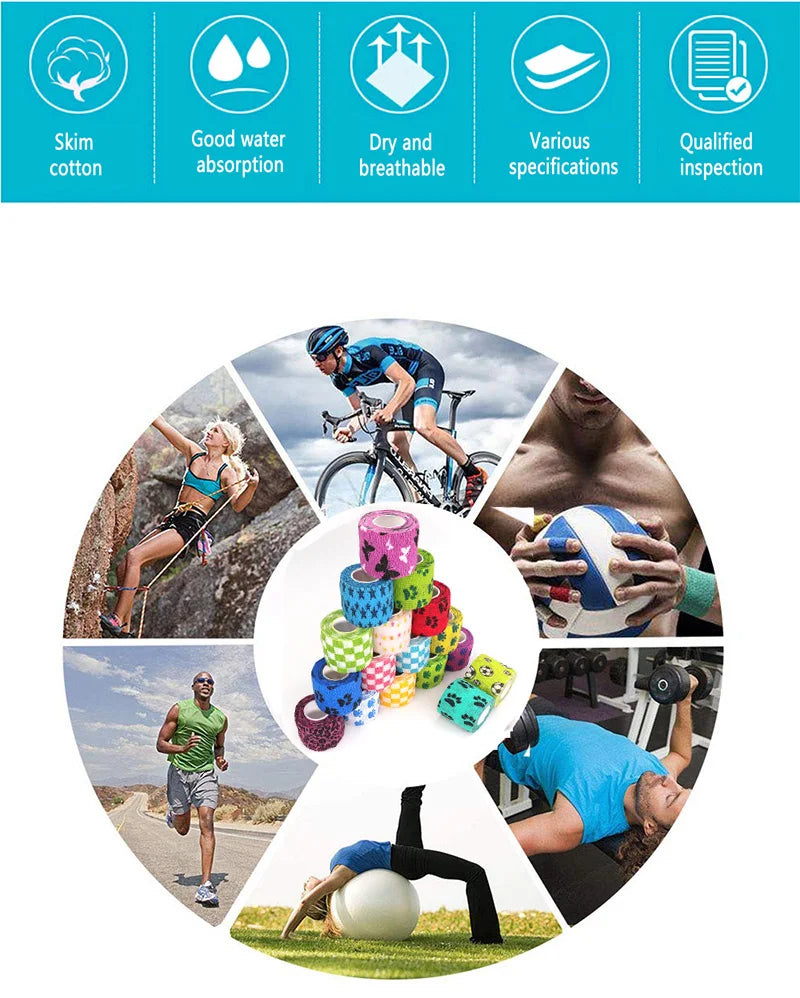 A collection of printed self-adhesive elastic bandage tape and various athletic items like a bicycle, weights, and exercise e