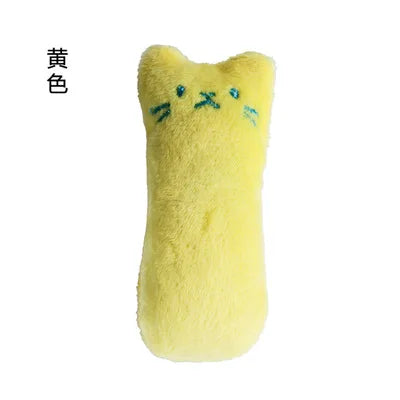 A yellow catnip chew toy plush with blue facial markings.