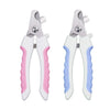 A pair of stainless steel pet nail clippers, one pink and white, and one blue and white.