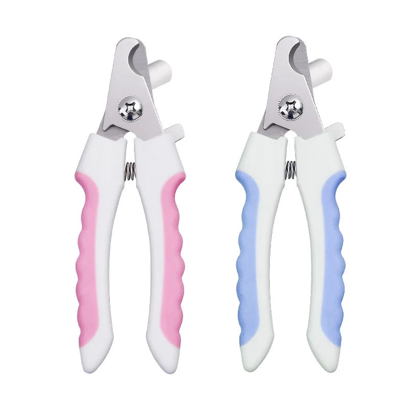 A pair of stainless steel pet nail clippers, one pink and white, and one blue and white.