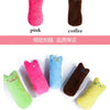 Three plush cat toys in pink, coffee brown, and light green colors displayed on a white background.