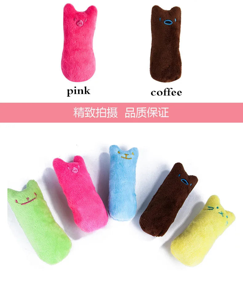 Three plush cat toys in pink, coffee brown, and light green colors displayed on a white background.