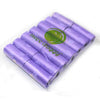A pack of 14 purple paw print dog waste bags with a dispenser.