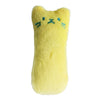 A yellow catnip chew toy plush with embroidered facial features.