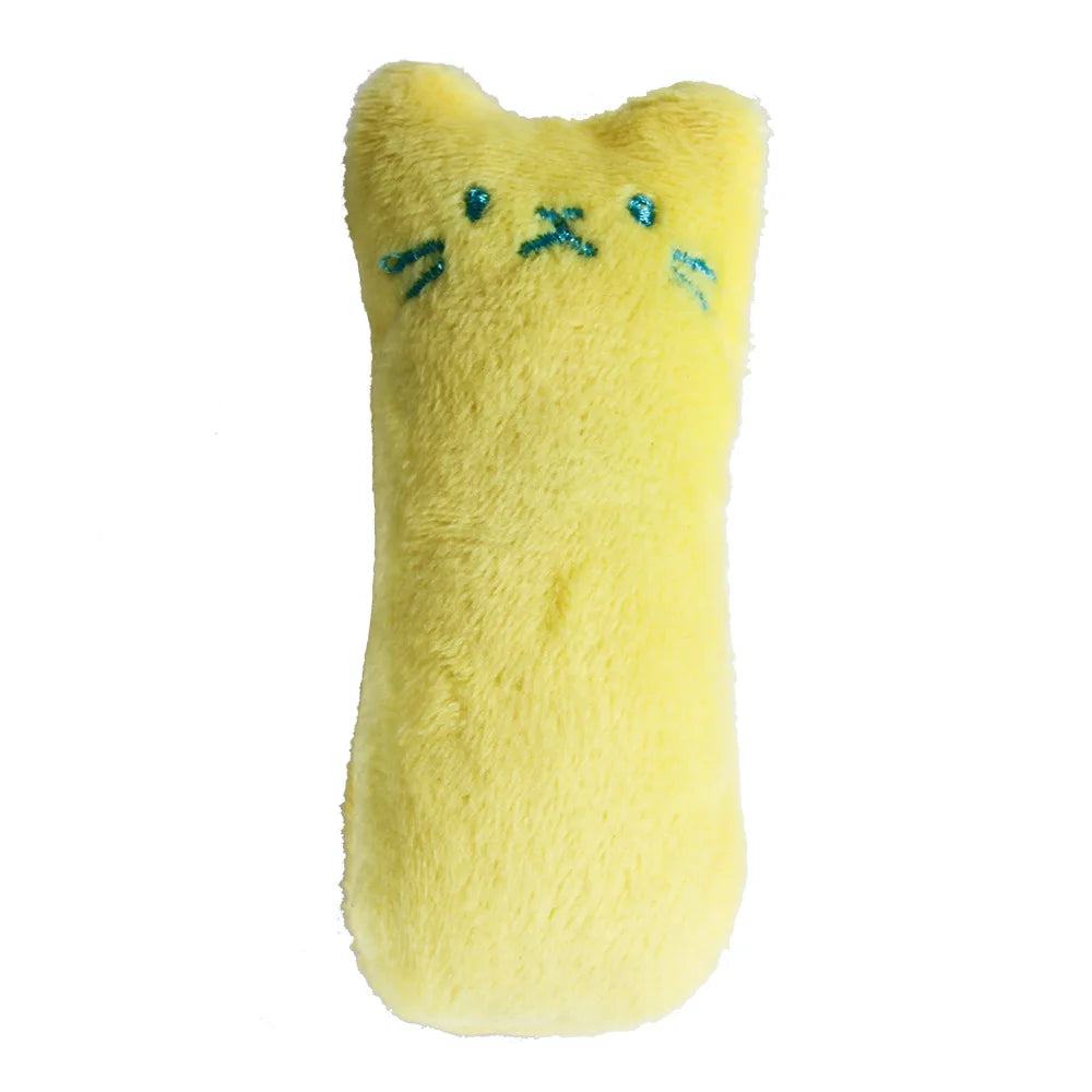 A yellow catnip chew toy plush with embroidered facial features.