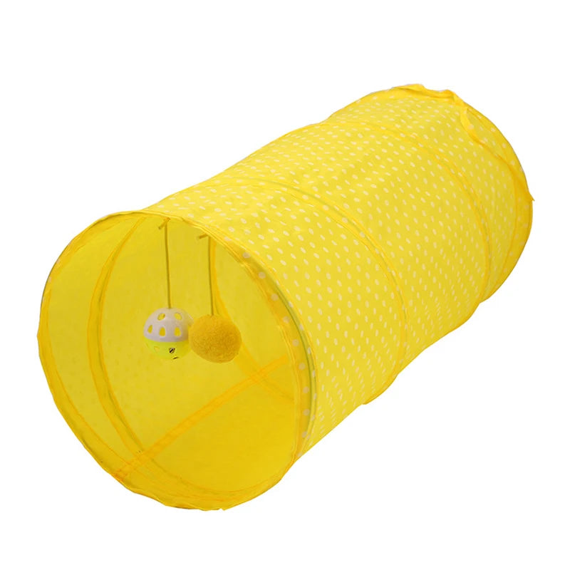 Yellow collapsible cat tunnel play tube with a hanging ball