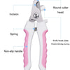 Stainless steel pet nail clippers with a round cutter head and non-slip handle for trimming nails.