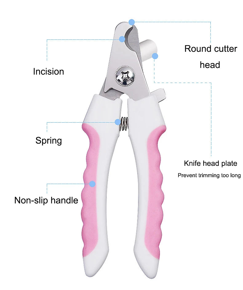 Stainless steel pet nail clippers with a round cutter head and non-slip handle for trimming nails.