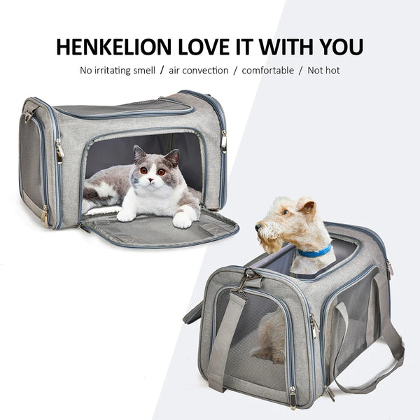 A gray travel pet carrier bag is shown with a cat inside, highlighting its air-conditioned and comfortable features.