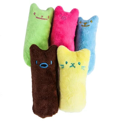 A collection of five brightly colored catnip chew toys featuring various animal faces and textures.