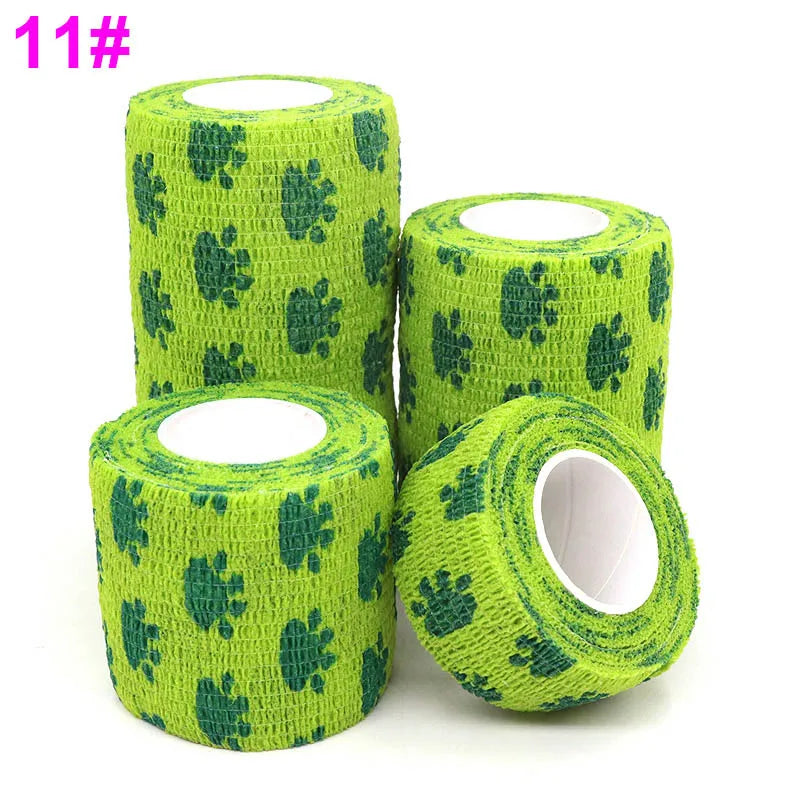 Roll of bright lime green printed self-adhesive elastic bandage tape with a pattern of dark green leaves