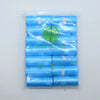 A pack of 14 blue paw print dog waste bags with dispensers in a clear plastic bag.