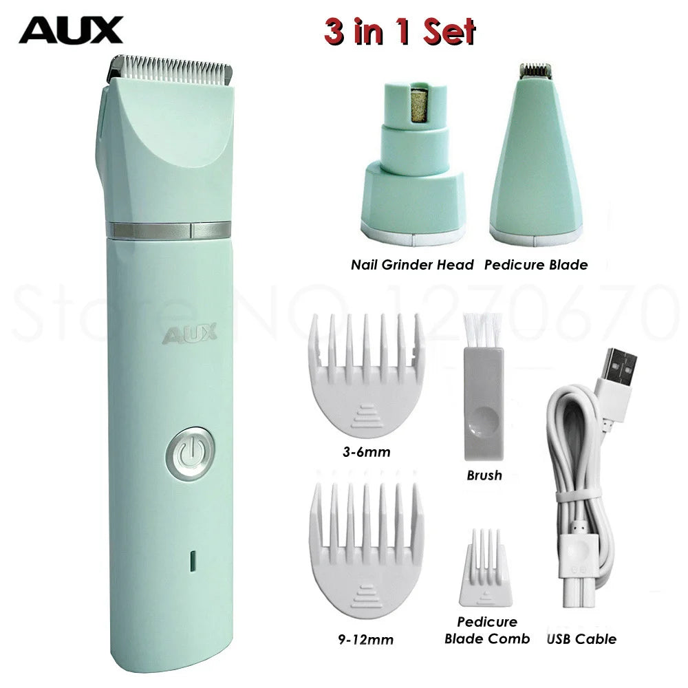 A teal AUX 3 in 1 set of nail grinder head pedicure blade brush and USB cable for pet grooming