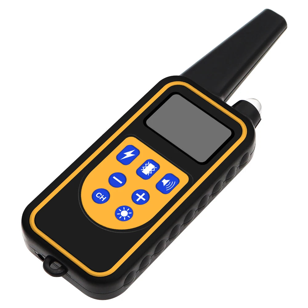 A black waterproof remote dog training collar with an LCD display and various control buttons.