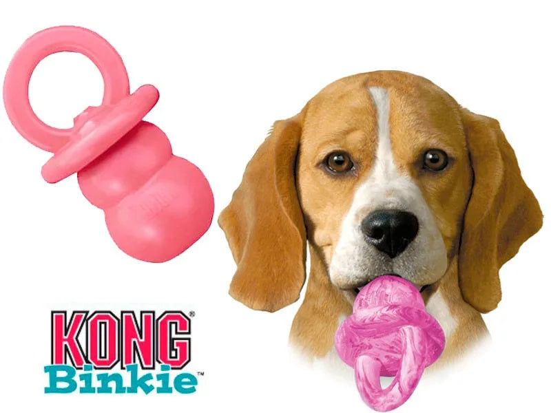 A pink KONG Binkie teething chew toy for puppies, shown with its silicone ring and chewable body.