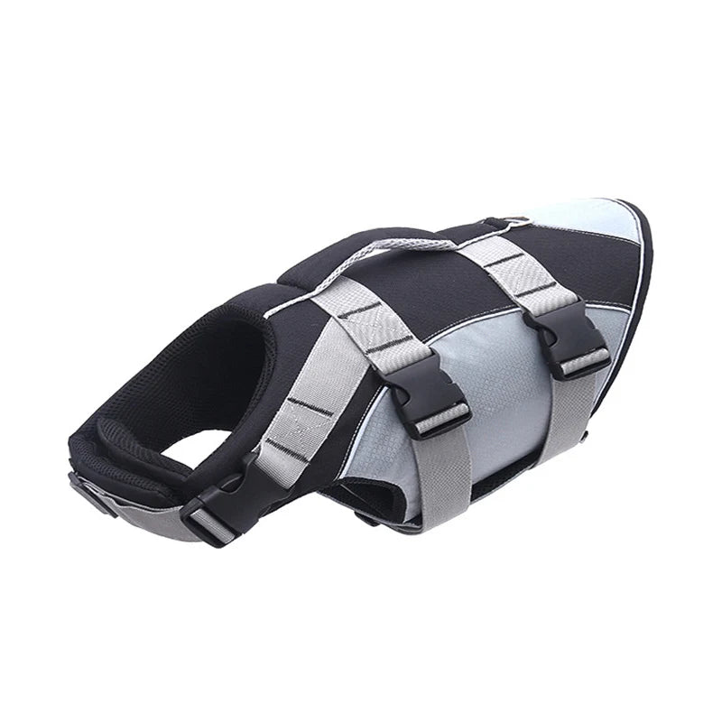 A black and silver reflective summer life jacket for dogs.