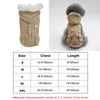 A beige PU leather dog jacket for small to medium breeds shown in various sizes.