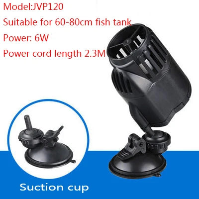 Black submersible pump with a suction cup, suitable for 60-80cm fish tanks.