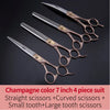 A set of four champagne color grooming scissors including straight and curved options