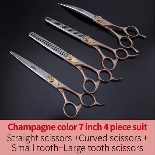 A set of four champagne color grooming scissors including straight and curved options