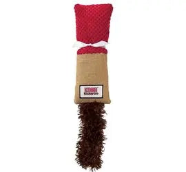 A red and tan KONG Kickeroo Cuddler cat toy with a fuzzy tail.