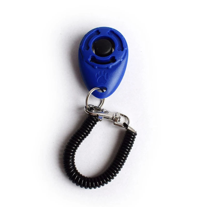 Blue adjustable pet training clicker with a black tip attached to a black wrist strap.