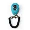 A teal pet training clicker with a black eye and a black nylon wrist strap.